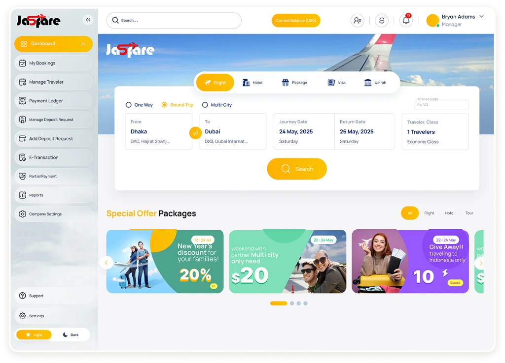 JAS FARE B2B Travel Portal Dashboard - Springfield Travel & Tourism